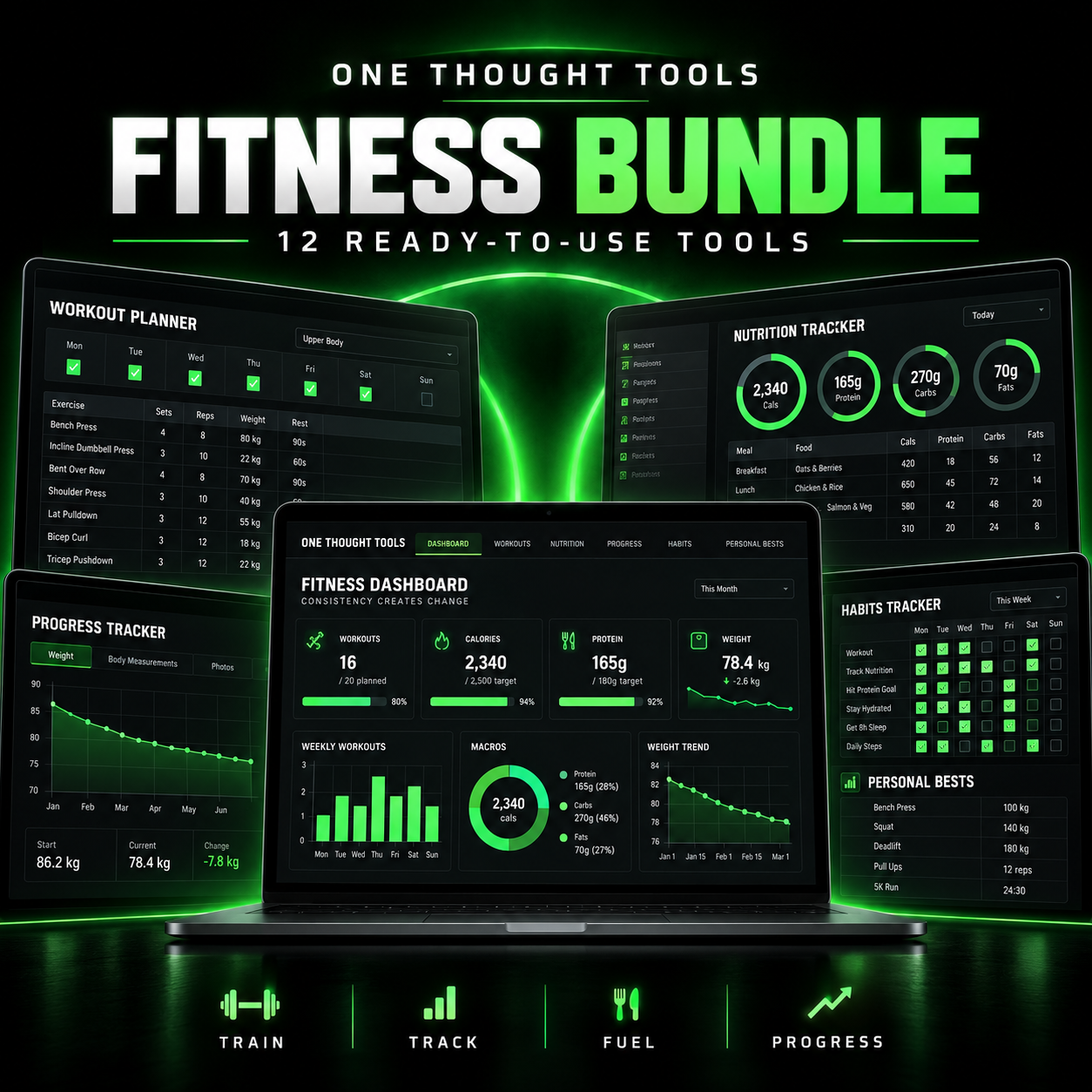 ONE THOUGHT TOOLS Fitness Bundle showing workout, nutrition and progress dashboards